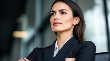 Naklejka premium Confident businesswoman in tailored black suit sits in modern office, gazing thoughtfully out large window.