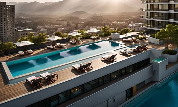 Rooftop infinity pool with loungers and city views.
