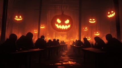 Dimly lit long table with shadowy figures in dark hoods, illuminated by glowing jack-o'-lanterns. reflections on wet floor enhance the spooky ambiance, perfect for halloween projects.