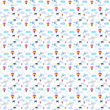 Airplanes and Hot air balloons Watercolor Pattern