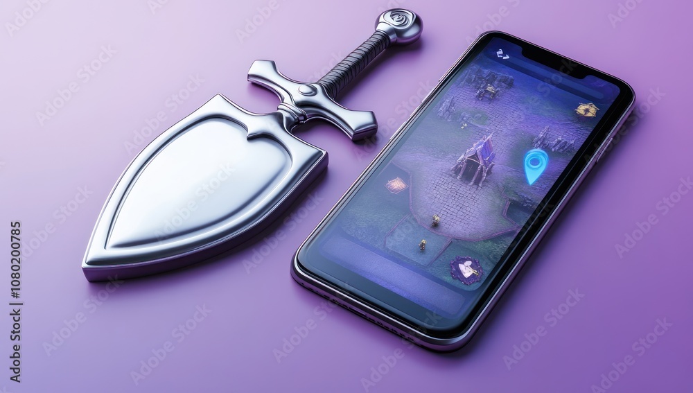 Poster A smartphone displaying a game interface alongside a metallic shield and sword.