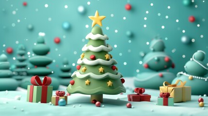 A vibrant 3D illustration of a stylized Christmas tree with gifts, surrounded by smaller trees and falling snow against a teal background.