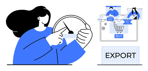 Woman adjusting export parameters on gauge meter, online shopping cart with Buy button, discount tags, analytics icons. Ideal for e-commerce, digital marketing, data analytics, export business