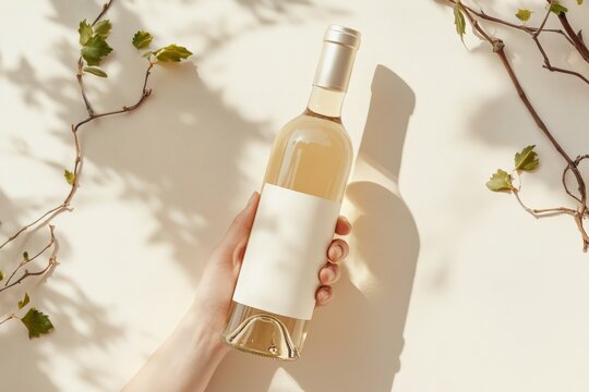 A hand grips a sleek wine bottle mockup with a blank label, set against a soft beige backdrop, complemented by delicate green foliage, creating a calm and inviting atmosphere.