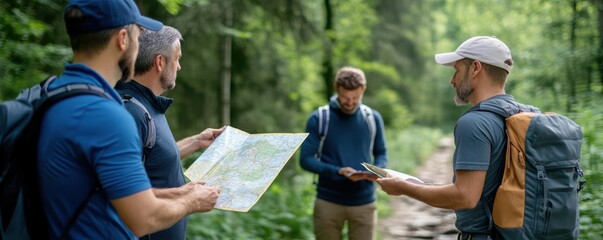 Group checking map on trail, travel insurance safety coverage for outdoor exploration, secure together in nature