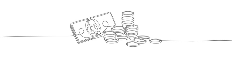 Money continuous one line drawing vector illustration. Coins and bill of dollar single line hand-drawn illustration