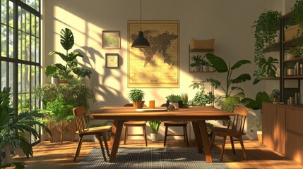 Stylish and botany interior of dining room with design modern home decor. Template.