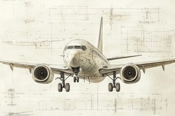 This technical sketch illustrates a commercial aircraft with precise measurements and design features. The drawing presents a front view, emphasizing the engineering and construction details.