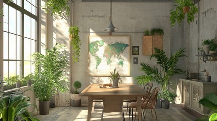 Stylish and botany interior of dining room with design modern home decor. Template.