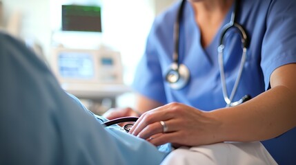 A nurse wearing blue clothes is using a stethoscope to listen and check the patient's condition