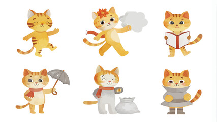 Cute cartoon cat character with different facial expressions. Vector illustration.