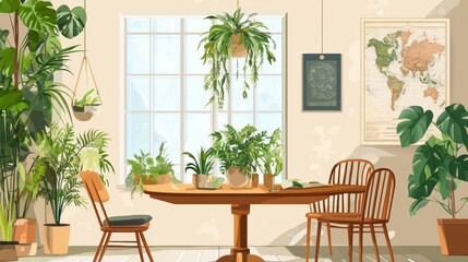 Obraz premium Stylish and botany interior of dining room with design modern home decor. Template.
