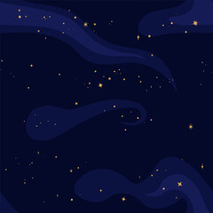 Nighttime dark blue starry sky with clouds. Night sky seamless pattern background.