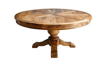 Elegant round wooden dining table on white transparent background
