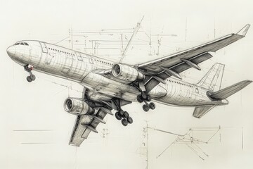 This technical sketch showcases a commercial aircraft, including structural details and design elements. The drawing highlights engineering precision and features necessary for an aviation project.