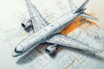 A detailed technical sketch illustrates the design of an airplane, highlighting precise engineering and architectural plans.