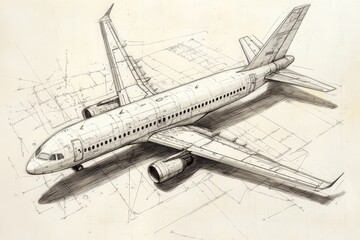 This technical sketch illustrates a commercial airplane with detailed design features. The drawing captures its structure, depicting wings, engines, and fuselage intricacies.