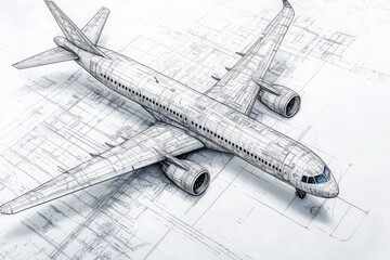 A detailed technical sketch illustrates a commercial airplane design, showcasing its structure and specifications. The drawing is set against a blueprint background, emphasizing precision.