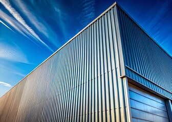 Industrial Warehouse Architecture with Metal Corrugated Steel Exterior, Geometric Aluminium Roof, and Dynamic Light and Shadow Play against a Clear Blue Sky - Low Angle Perspective
