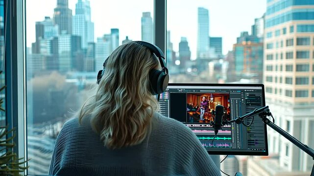 Young Woman Recording Podcast in Modern Studio with Theater View