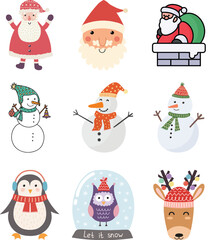 Festive collection of Christmas icons, including classic symbols like snowflakes, ornaments, Christmas trees, and Santa Claus. Perfect for holiday-themed designs.