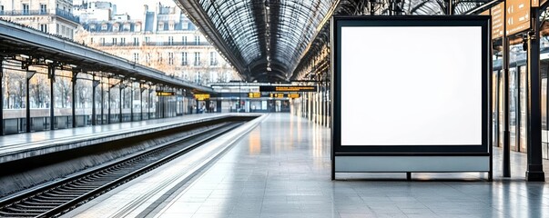 Subway station in Paris with empty advertising panel, clean urban design, perfect for branding mockups