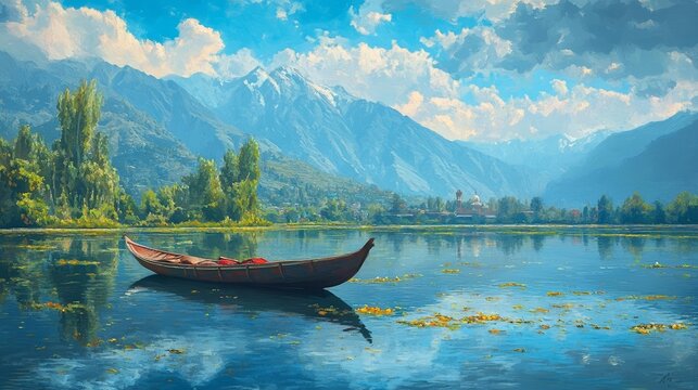 Beautiful Shikara on Dal Lake, vibrant reflections, peaceful scene in Srinagar with Himalayan mountains under blue skies