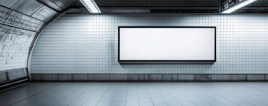 Empty billboard inside Paris subway station, modern underground setting, blank advertising display on tiled wall