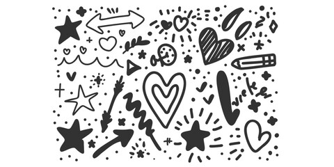 Playful minimalist vector illustration set with doodle elements – simple shapes, arrows, stars, hearts, and wavy lines in a hand-drawn style