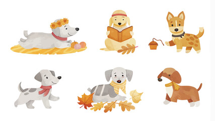 Naklejka premium Set of cute dogs and autumn leaves. Vector illustration in cartoon style.