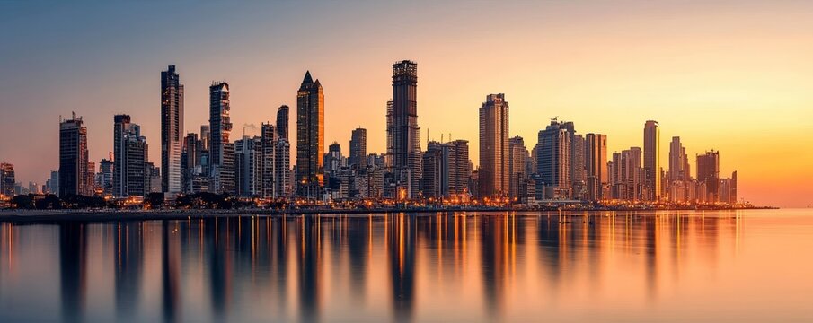 Skyline of Mumbai, featuring architectural highlights, urban cityscape with waterfront view during golden hour