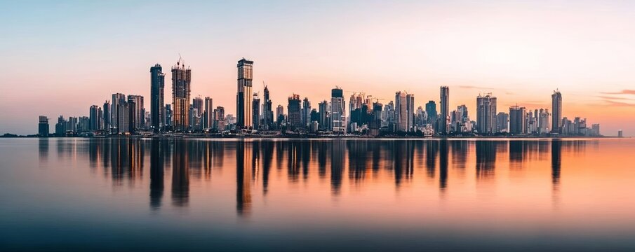Skyline of Mumbai, featuring architectural highlights, urban cityscape with waterfront view during golden hour