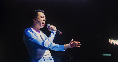 Pop Artist Performing Live Concert on Stage, Illuminated by a Spotlight. Epic Cinematic Performance...