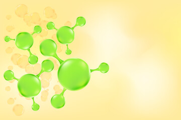 Green organic oil or collagen 3D molecule formula, with liquid glowing particles, fluid bubbles pattern. Bio serum formula background with copy space. Beauty biotechnology treatment nutrition.