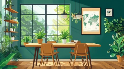 Stylish and botany interior of dining room with design modern home decor. Template.