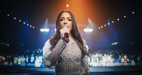 Close Up Portrait of a Pop Band Lead Singer Performing a Hit Song on Stage, Inspiring a Large Audience of Music Enthusiasts. Brunette Female Musician Performing a Concert in a Stylish Pearl Outfit