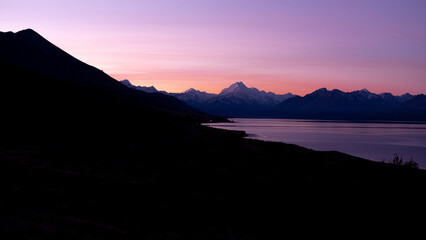 Mount Cook at Sunset, view from Mount Cook road, mountain range silhouette, New Zealand