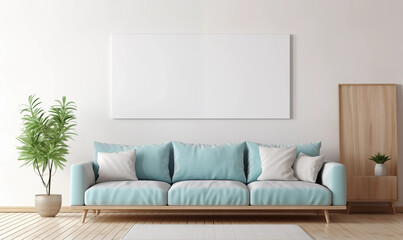 Naklejka premium Modern Living Room Interior with Blue Sofa and White Canvas