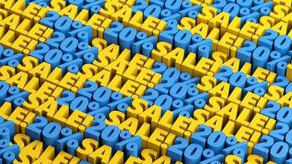 Blue and yellow 20% off sale offer background. 10 to 90 percent discount sale signs in a rows for flash sale, cyber week, mega sale, black friday, black week advertising and discount promotion offer.