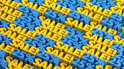 Blue and yellow 25% off sale offer background. 10 to 90 percent discount sale signs in a rows for flash sale, cyber week, mega sale, black friday, black week advertising and discount promotion offer.