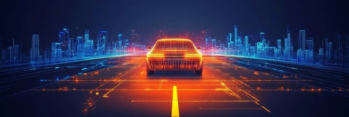  Futuristic wireframe self-driving auto car technology driving in Data lines futuristic city.