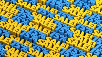 Blue and yellow 75% off sale offer background. 10 to 90 percent discount sale signs in a rows for flash sale, cyber week, mega sale, black friday, black week advertising and discount promotion offer.