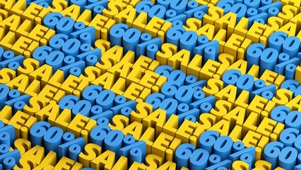 Blue and yellow 60% off sale offer background. 10 to 90 percent discount sale signs in a rows for flash sale, cyber week, mega sale, black friday, black week advertising and discount promotion offer.