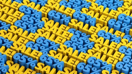 Blue and yellow 65% off sale offer background. 10 to 90 percent discount sale signs in a rows for flash sale, cyber week, mega sale, black friday, black week advertising and discount promotion offer.