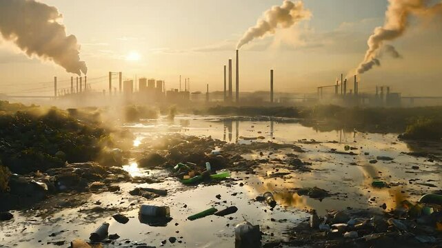 Devastating effects of industrial pollution on a river ecosystem. Industrial pollution on aquatic ecosystems. Environmental problems, Air pollution	
