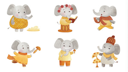 Fototapeta premium Set of cute cartoon elephants isolated on white background. Vector illustration.