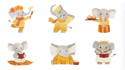 Set of cute elephants in cartoon style. Vector illustration on white background.