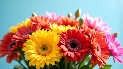 A vibrant bouquet of gerbera daisies in various colors arranged against a light blue background, perfect for brightening any space or occasion