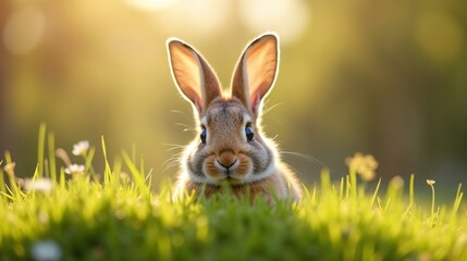 Obraz premium A curious rabbit peeks through lush green grass during a vibrant sunrise in a tranquil meadow, capturing the serenity of early morning wildlife