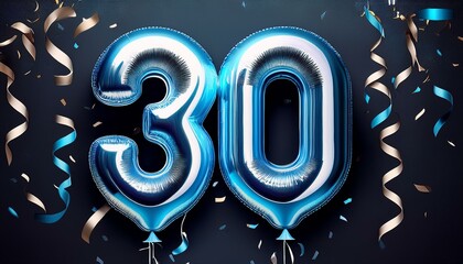 Fototapeta premium Blue birthday / anniversary balloon, number 30, black background with confetti